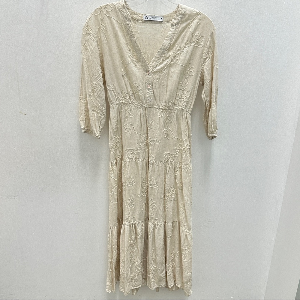 Zara Embroidered Linen Blend Long Sleeve Midi Dress XS